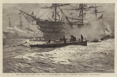 Stary i nowy styl, trójpokładowiec i torpedowiec w Portsmouth autorstwa William Lionel Wyllie